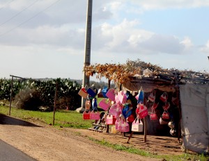 Brightly coloured baskets for sale along the road