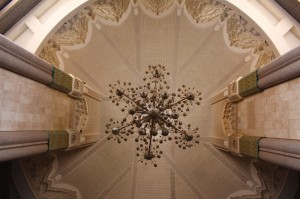 Ceiling decoration and crystal chandeliers in the Hassan II Mosque in Casablanca