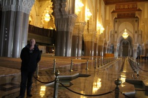 Geoff at the Hassan II Mosque, Casablanca. King Hassan decreed non-Muslims should be allowed inside