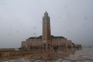 The Hassan II Mosque in Casablanca in the pouring rain