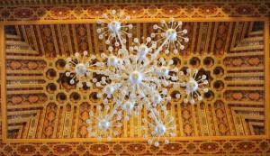 Wooden roof and Venetian crystal chandelier at the Hassan II mosque, Casablanca