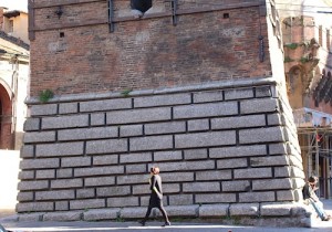 The base of one of the leaning towers of Bologna
