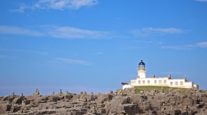 Neist Point lighthouse, with basalt cairns and a huge foghorn!