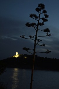 The Sardinian tower across the bay from our campsite at dusk