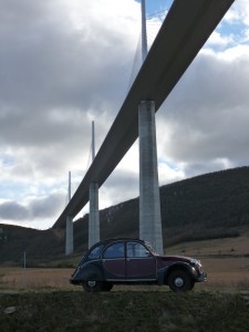 Small car big bridge, Millau Bridge, France